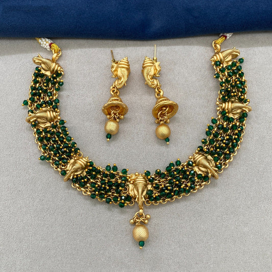 Beautiful Green & Gold Coloured Premium Quality Pure Brass Gold Plating Ganesha Designer Necklace Jewellery set with Earrings!!