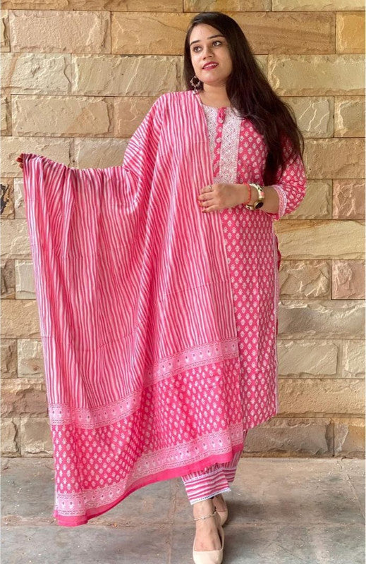 Pink coloured Embroidery kurti with Pant and Dupatta!!