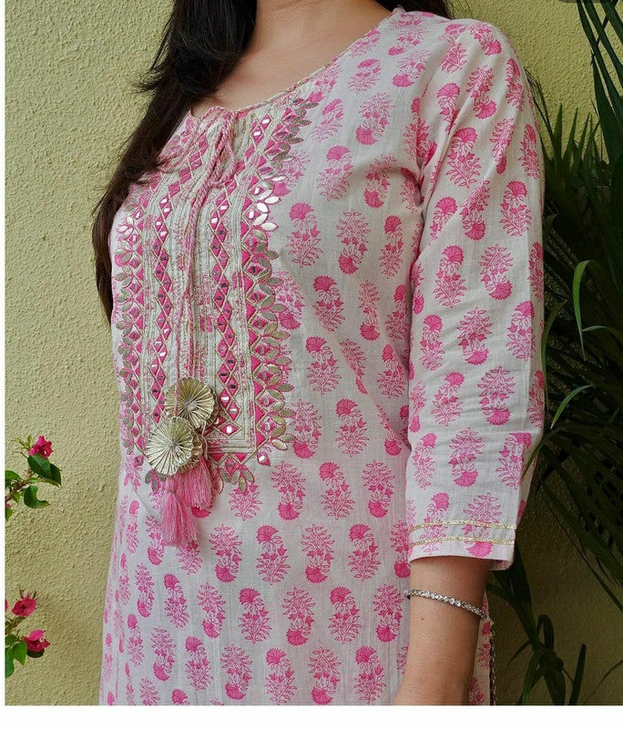 Pink & White Coloured Heavy Rayon Sequence katha and bijiya lace