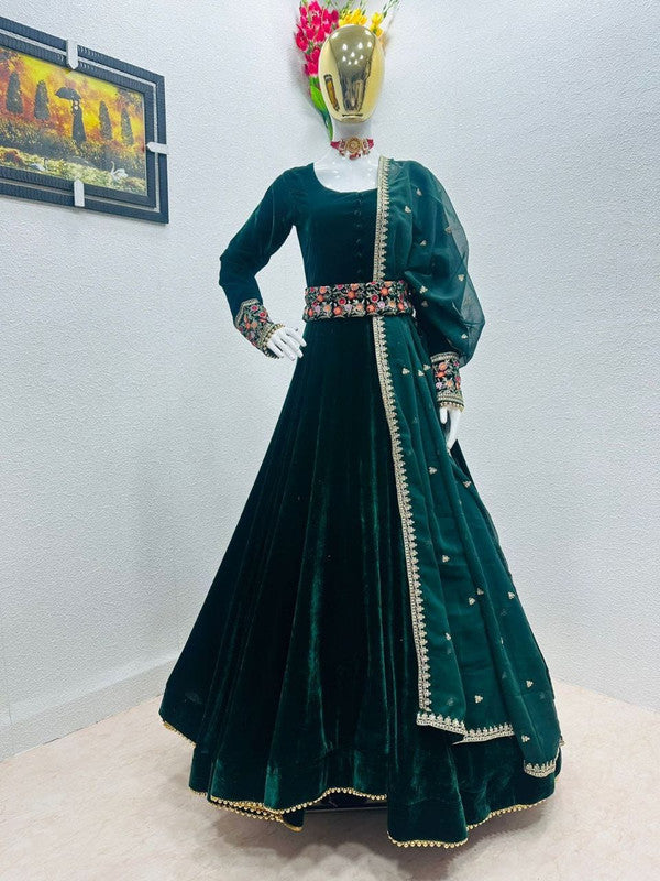 GREEN VELVET EMBROIDERY SEQUENCE WITH MOTI PARTY WEAR GOWN WITH DUPATTA!!