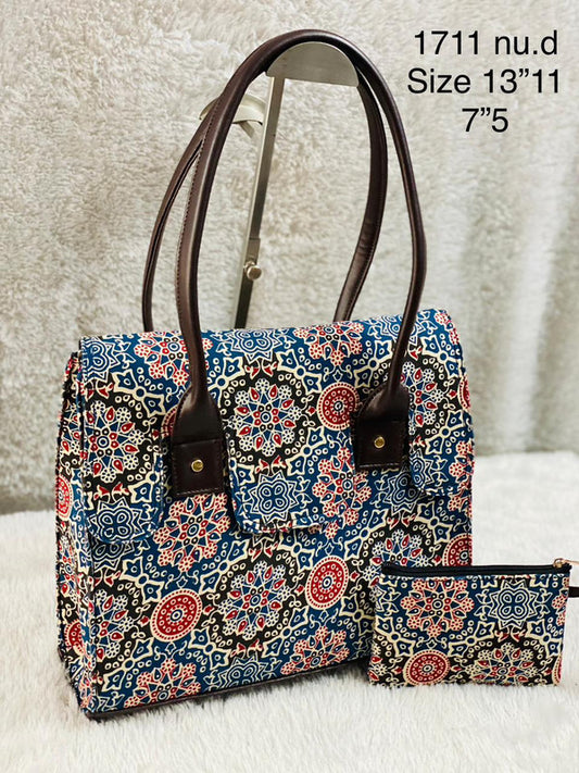 Peach & Multi Coloured Pure Cotton Printed Women Multiple Partition Hammer Tote Bang- 2 PCS Combo( Tote Bag & Phone Pouch)!!