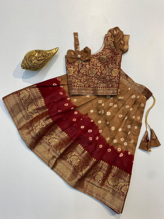 Brown & Maroon Coloured Cotton Silk with Bandhani Printed & Zari weaving border Girls Kids Designer Ethnic wear Lehenga with Blouse!!