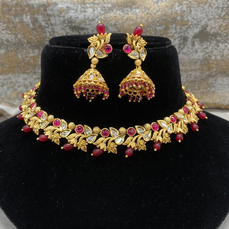 Gold & Maroon Coloured Pure Brass Real Kundan Gold Plating with Pearls Women Choker set with Jhumka earrings!!