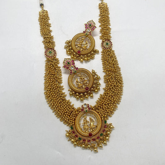 Gold Coloured Pure Brass Real Kundan Gold Plating with Pearls Women Temple Design Wedding Baarath Long set with earrings!!