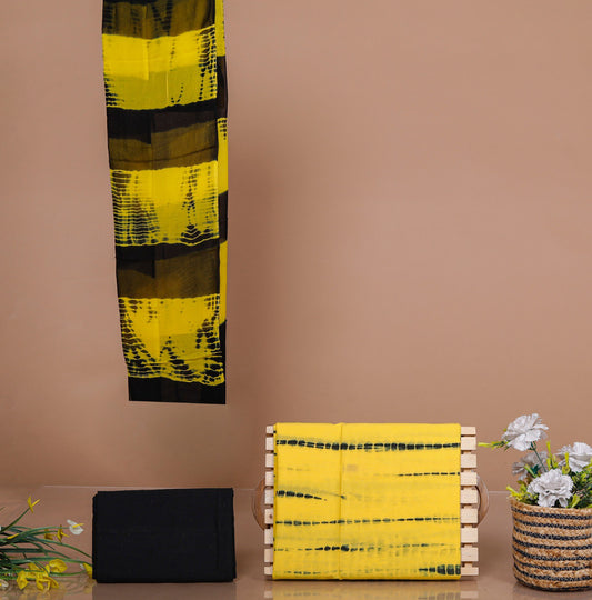 Yellow & Black Coloured Exclusive Unstitched Pure Cotton Hand Block Printed Party wear Dress Material Suit!!
