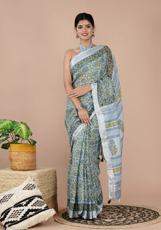 LINEN COTTON HAND PRINTED  SAREE WITH TAUSSAL