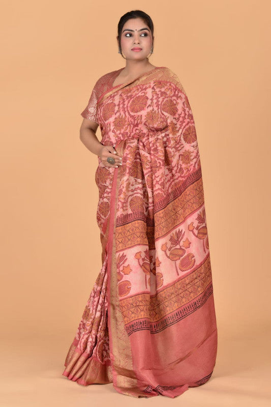 Pink & Multi Coloured Azarakh Hand Block Printed Silk border Women Designer Party wear Cotton Silk Saree with Zari Blouse!!