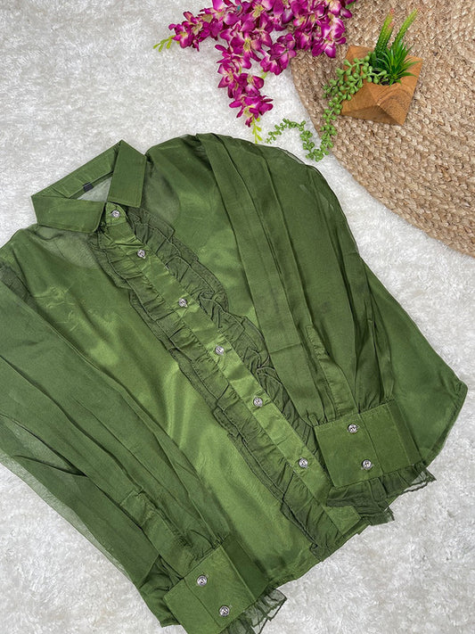 Green Coloured Premium Organza Silk with Plain Print & Full Sleeves Women Party/Daily wear Western Organza Shirt!!