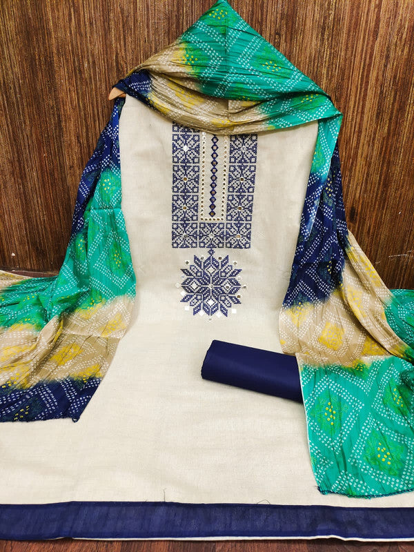 KHADI COTTON MULTI WITH MIRROR WORK DRESS MATERIAL SUIT!!