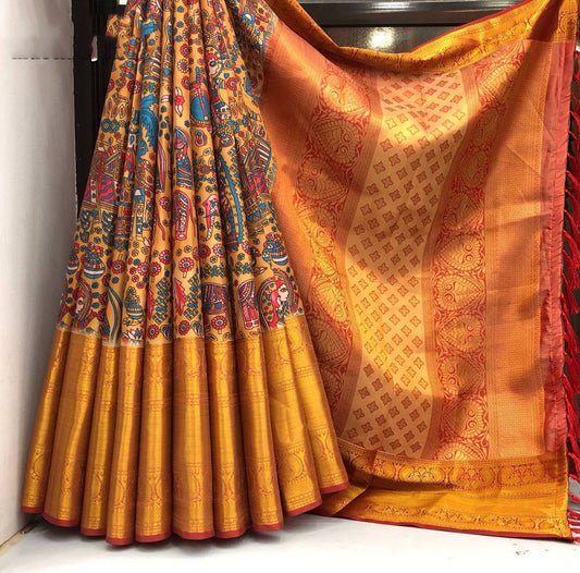 Mustard Yellow Coloured Kanjivaram Silk Zari weaving with Kalamkari Digital print & Rich Pallu Women Party wear Designer Silk Saree with Blouse!!