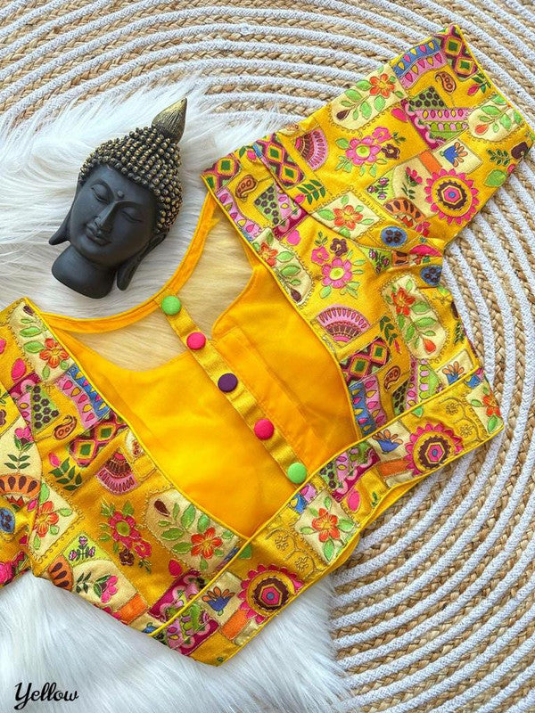 Yellow & Multi Coloured Premium Malai Silk Multi Work 5 Colour Button Woman Ready made Designer fancy Blouse- Free Size Up to 42 Inch!!