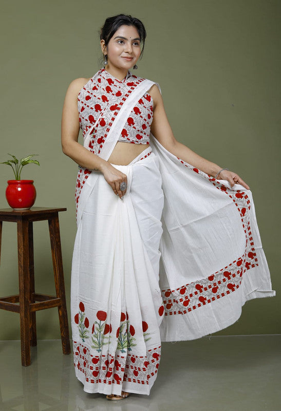 White & Red Coloured Hand Printed Super dying Quality Mul Cotton Women Daily wear Saree with Blouse!!