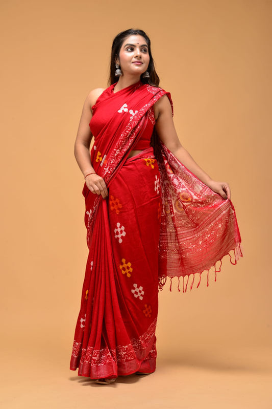 Red & Multi Coloured Linen Cotton with Beautiful Hand Block Printed Women Party/Daily wear Designer Linen Cotton Saree with Blouse!!