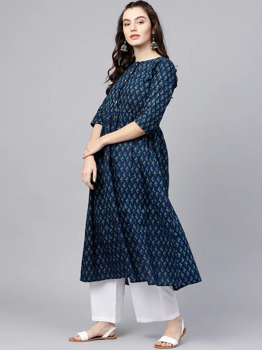 Navy Blue Coloured Pure Cotton with Ethnic floral print Women Designer Party wear A-line Kurti with palazzo pants!!