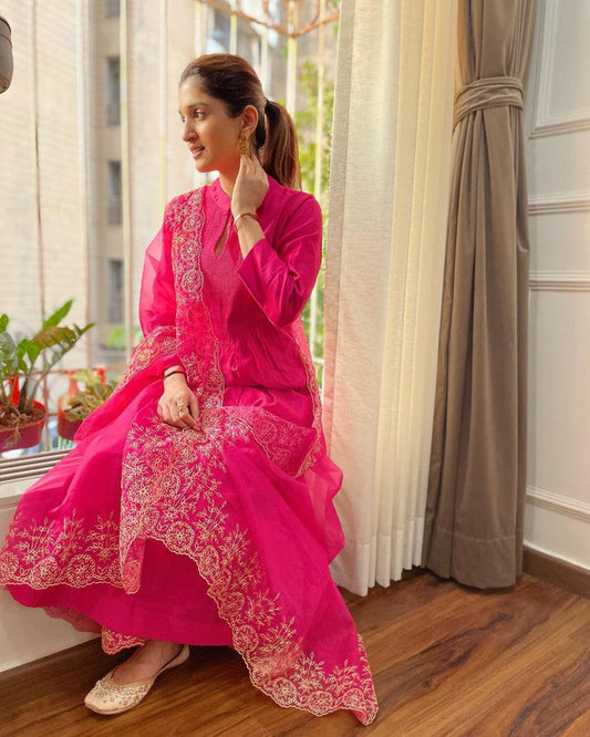 Dark Pink Coloured Cotton SILK with Embroidery Work Women Designer Party wear Kurti with Pant & Organza Dupatta!!