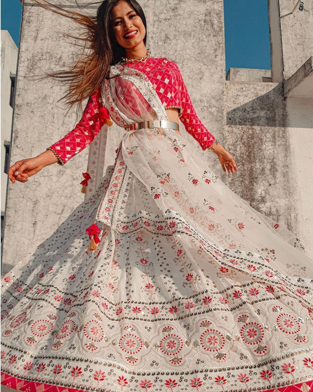 White & Red Net Lehenga Choli at best price in Surat by Ethnic Point | ID:  10467080997