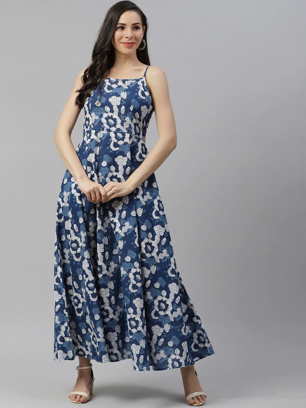 Blue & White Coloured Pure Cotton Flower Print Shoulder Straps Women Party/Daily wear Western Maxi Dress!!