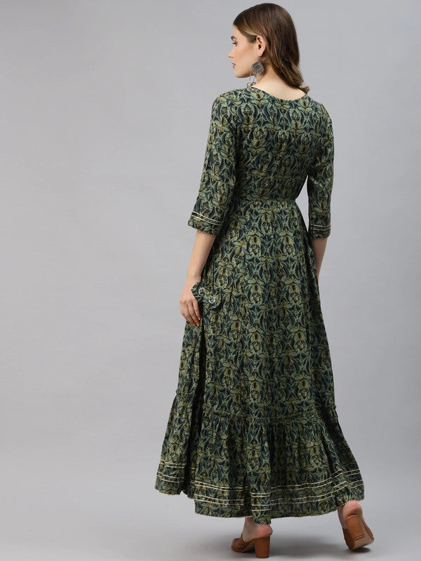 Green Coloured Ethnic Motifs Printed Gotta Patti Round neck 3/4 Sleeves Women Designer Party wear Pure Cotton Anarkali Kurti!!