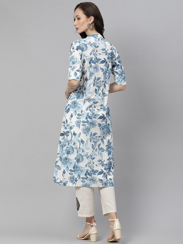 White and blue Floral printed Cotton  Kurti