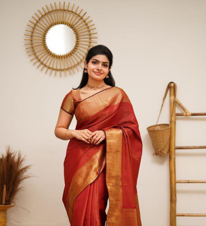 Red Coloured Exclusive Kubera Pattu Women Party wear Pure Kanjivaram Silk Saree with Brocade Blouse!!