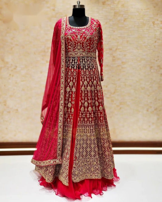 RED FANCY DESIGNER BEAUTIFUL EMBROIDERY WORK WESTERN GOWN - LAHENGA WITH DUPATTA!!