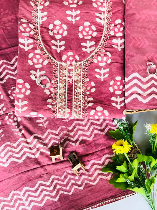 Pink & White Coloured Cotton Unstitched Hand Block Printed Women Party/Daily wear Dress Material Suit- Top with Bottom & Cotton Dupatta!!