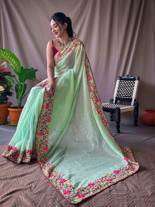 Light Green & Multi Coloured Beautiful Sequence work with Butta Women Designer Party wear Georgette Fancy Saree with Silk Blouse!!
