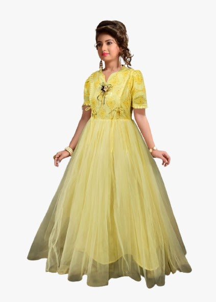 Yellow Coloured Rayon & Soft net Sequence & Thread work full flair Gown for Girls!!