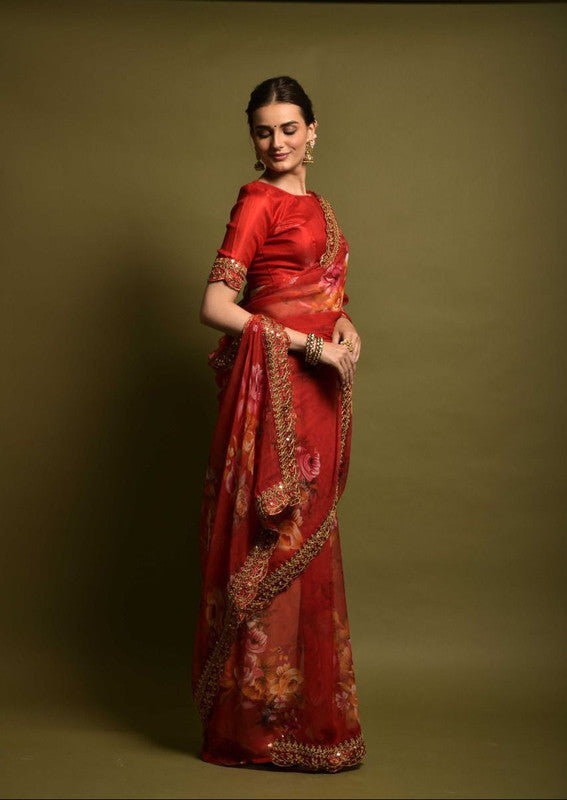 Red Coloured Soft Chiffon Beautiful floral Print Sequence Lace border & Embroidery Work Saree with Blouse!!