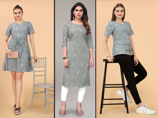 Grey & Multi Coloured Premium Crepe Printed Women Daily wear Kurti, Western Top & Western Dress Combo ( 3 Pcs )!!