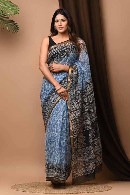 Blue & Multi Coloured Kota Doriya Cotton Beautiful Hand Block printed Women Daily/Party wear Saree with Blouse!!