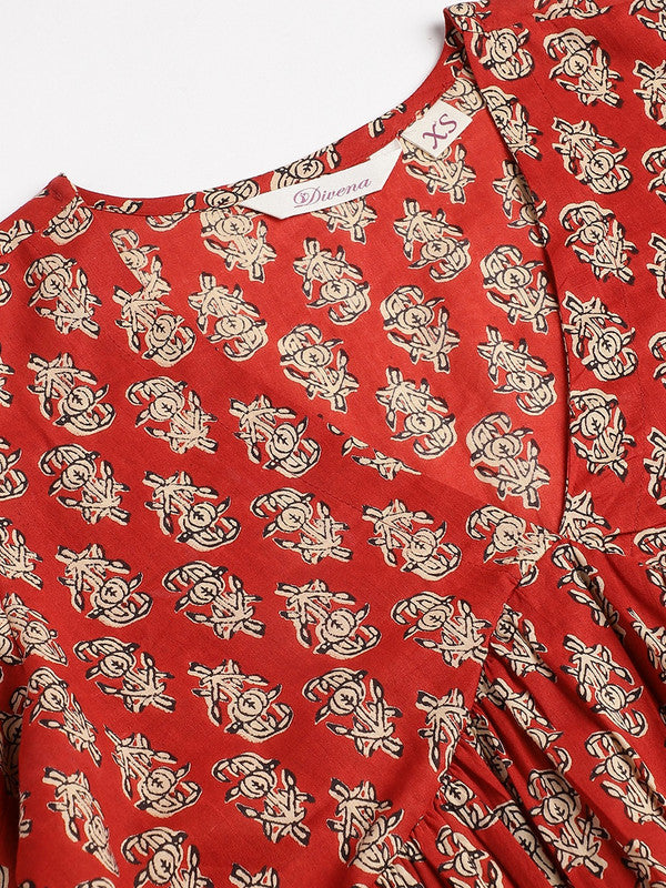 Red & Beige Coloured Pure Cotton Floral Printed  Puff Sleeves V Neck Women Party/Daily wear Western Longline Top!!
