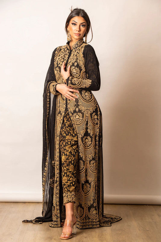 Brown & Gold Coloured Heavy Fox Georgette Thread & Sequence work Full Sleeves Women Fully Stitched Designer Party/Daily wear Suit with Pant & Soft Net Dupatta!!