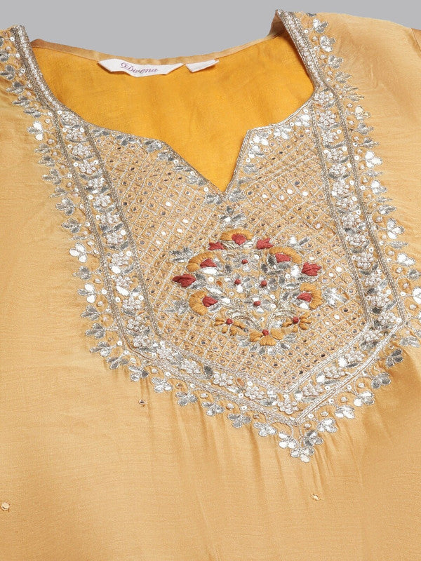 Yellow Coloured Chanderi silk Straight Shape Women Yoke Designer Party/Daily wear Kurti with Sharara & Dupatta!!