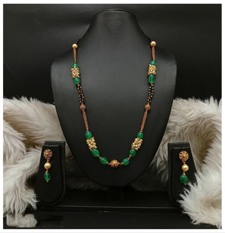 Beautiful Gold & Green Coloured Premium Quality Pure Copper Gold Plating Brass Mala with Earrings for Women!!