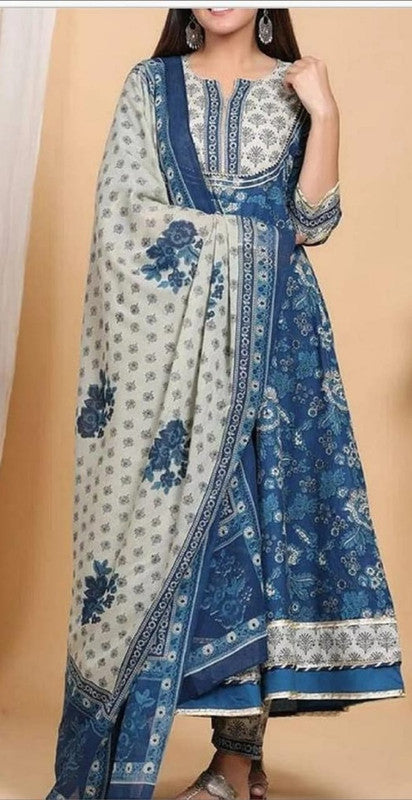 Blue & Multi Coloured Pure Cotton Umbrella Cut Round Neck Women Fully Stitched Designer Party/Daily wear Kurti with Pant & Malmal Dupatta!!