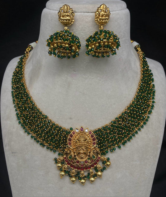 Green & Gold Coloured Beautiful Pure Campo with Pearls Women Lakshmi Designe 1 Gram Gold Plating Necklace Set with Jhumka Earrings!!