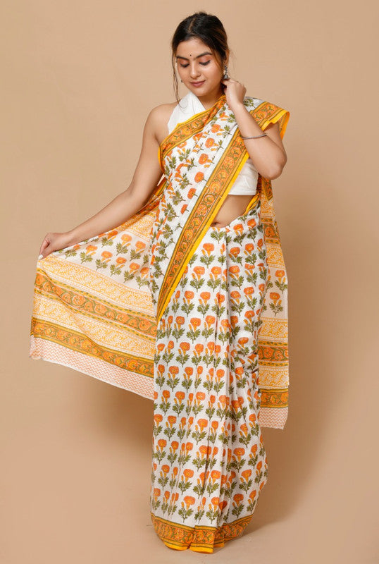 HAND BLOCK  PRINTED COTTON SAREE WITH BLOUSE!!