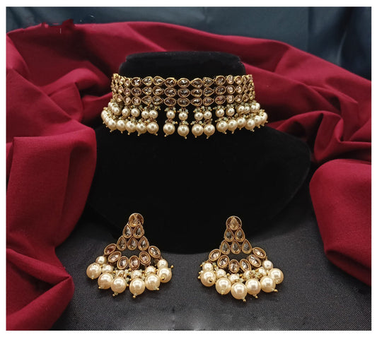 Gold Coloured Reverse American Diamond ( AD ) Mehendi Gold Plating with Pearls Necklace jewellery set with Earrings!!