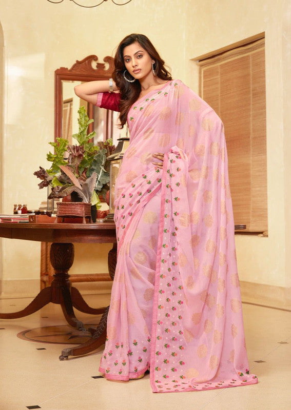 Designer Soft Chiffon Fabric With Foil Print And Embroidery Work Saree