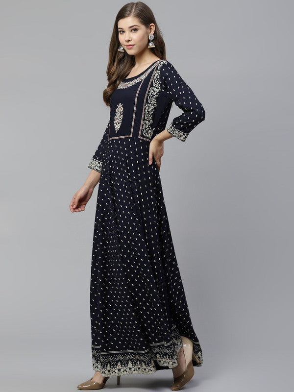 Women Navy Blue & Golden Printed A-Line Viscose Rayon Kurta!!