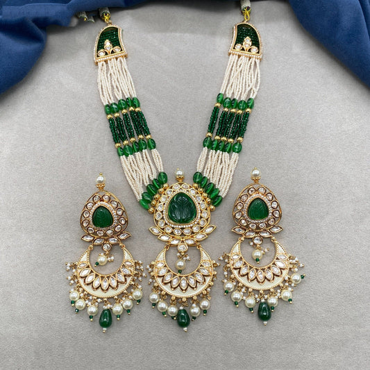 Beautiful Green & White Coloured Premium Quality Pure Brass Real Kundan Heavy Bridal Pearls mala set with earrings for Women!!