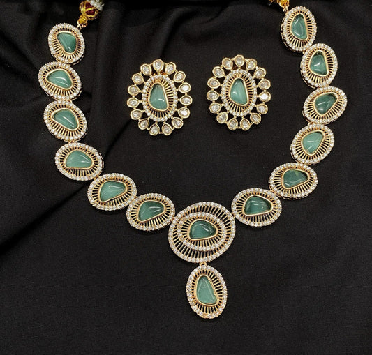 Gold & Green Coloured Pure Brass with Premium Quality Real Kundan Women One Gram Gold Designer Necklace with Earings set!!