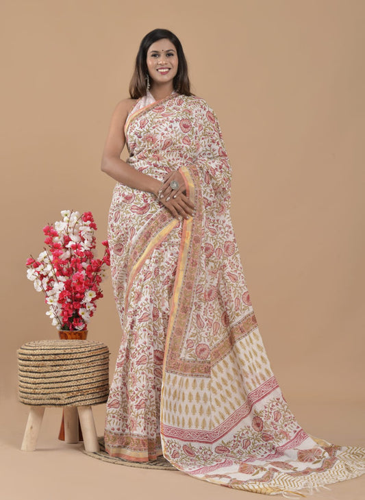 CHANDERI MIX COTTON BLOCK PRINTED SAREE