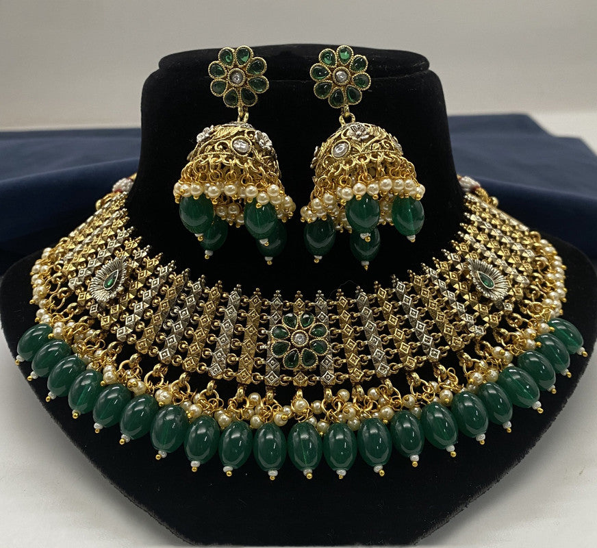 Beautiful Green & Gold Coloured Premium Quality Pure Copper Gold & Rajwadi Plating Necklace set with Earrings for Women!!