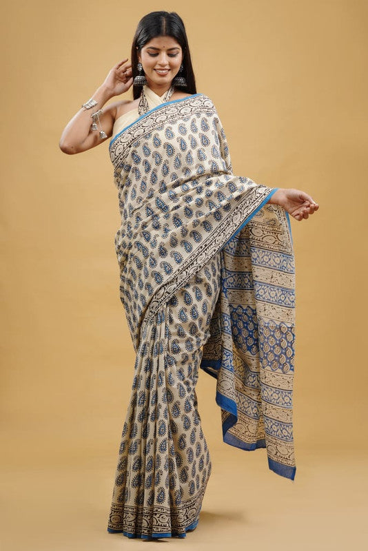 Beige & Blue Coloured Beautiful Hand Block printed Women Daily/Party wear Pure Cotton Saree with Blouse!!