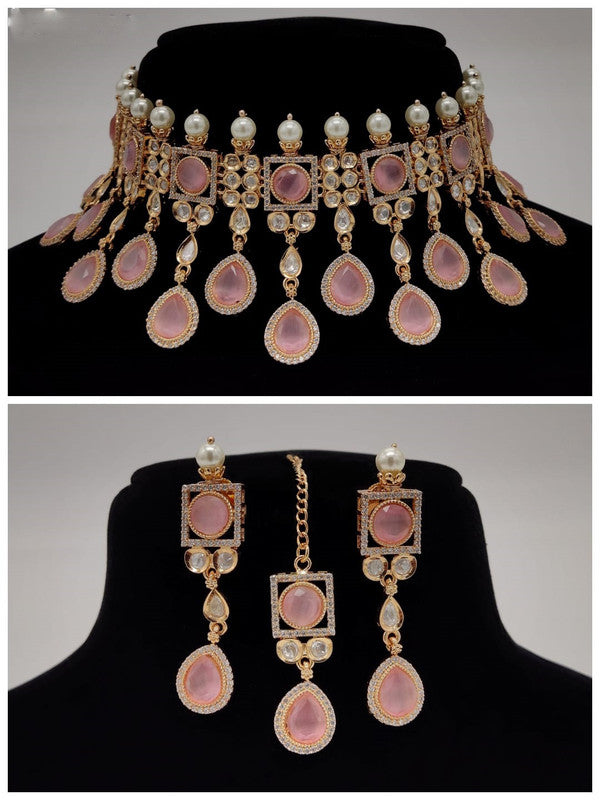 Premium Quality Pink Gold Plating Kundan Jewellery Necklace set with Earrings & Matha Patti!!