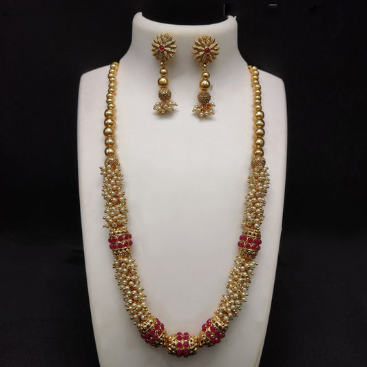 Red Beautiful Brass Gold Plating Pearls Mala set with Earrings!!