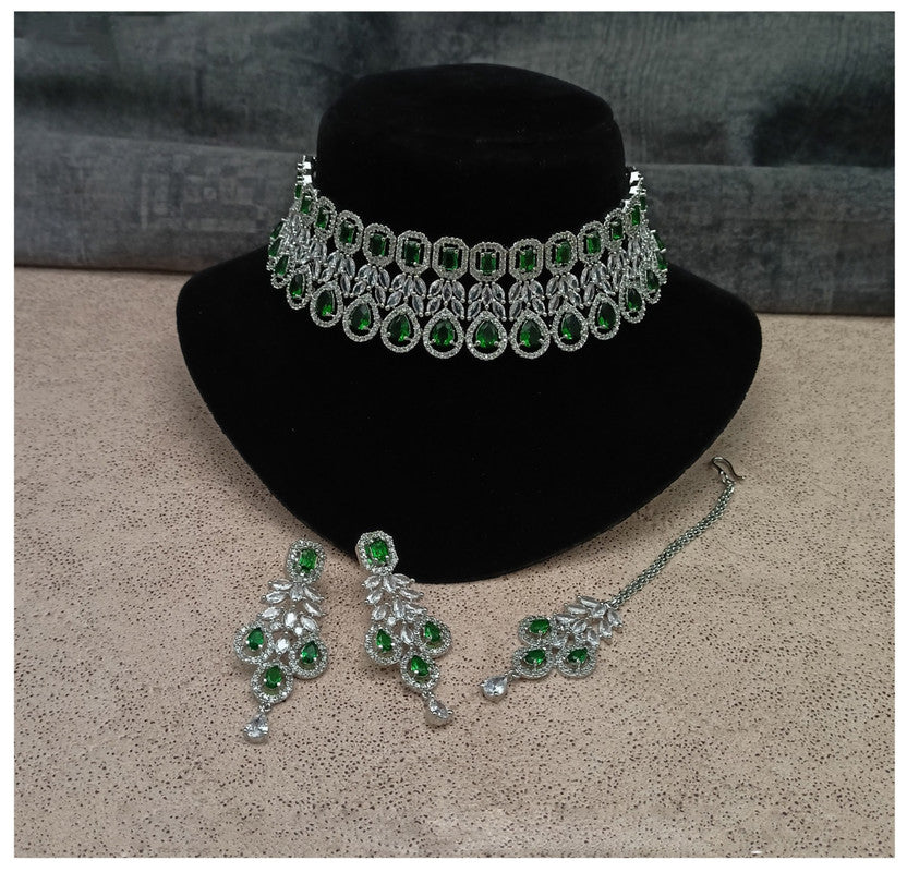 Green American Diamond ( AD) Party wear Necklace set with Earrings and matha Patti!!