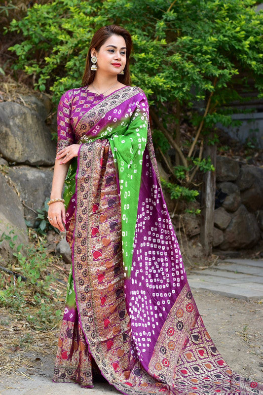 Purple & Green Coloured with Minakari & Bandhani Print Women Designer Party wear Kanjivaram Silk Saree with Blouse!!